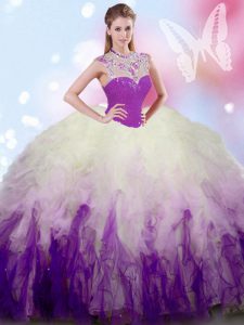Floor Length Zipper 15 Quinceanera Dress White And Purple for Military Ball and Sweet 16 and Quinceanera with Beading and Ruffles