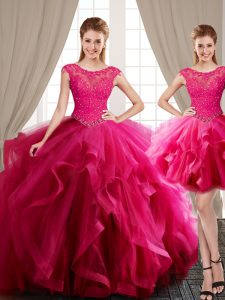 Three Piece Scoop Hot Pink Ball Gowns Beading and Appliques and Ruffles Quinceanera Gown Lace Up Tulle Cap Sleeves With Train