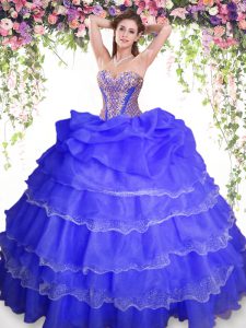 Floor Length Blue Quinceanera Gown Organza Sleeveless Beading and Ruffled Layers and Pick Ups