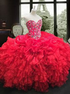 Embroidery and Ruffles Ball Gown Prom Dress Red Lace Up Sleeveless Floor Length