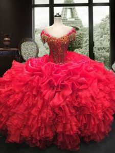 Attractive Cap Sleeves Organza Floor Length Lace Up Womens Party Dresses in Red with Beading and Ruffles