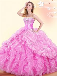 Cute Rose Pink Organza Lace Up Sweetheart Sleeveless Floor Length 15 Quinceanera Dress Beading and Ruffles and Pick Ups