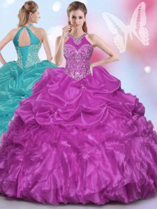 Fuchsia Ball Gown Prom Dress Military Ball and Sweet 16 and Quinceanera and For with Appliques and Pick Ups Halter Top Sleeveless Lace Up