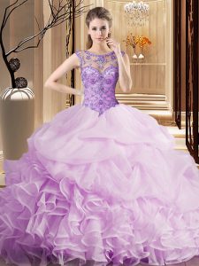 Scoop Lilac Ball Gown Prom Dress Organza Brush Train Sleeveless Beading and Ruffles and Pick Ups