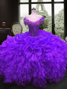 Purple Cap Sleeves Organza Lace Up Quinceanera Dress for Military Ball and Sweet 16 and Quinceanera