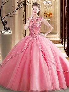 Scoop Watermelon Red Sleeveless Tulle Brush Train Lace Up Sweet 16 Dresses for Military Ball and Sweet 16 and Quinceanera