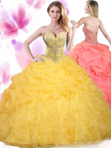 Suitable Gold Quinceanera Gowns Military Ball and Sweet 16 and Quinceanera and For with Beading and Ruffled Layers Sweetheart Sleeveless Lace Up