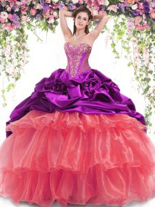 Beautiful Multi-color Ball Gowns Sweetheart Sleeveless Organza and Taffeta With Brush Train Lace Up Beading and Ruffled Layers and Pick Ups Quinceanera Gown