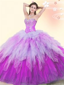 Noble Tulle Sweetheart Sleeveless Lace Up Beading and Ruffles Quinceanera Gown in Multi-color