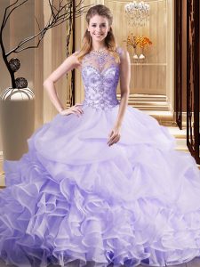 Lavender Scoop Neckline Beading and Ruffles and Pick Ups Quinceanera Gown Sleeveless Lace Up