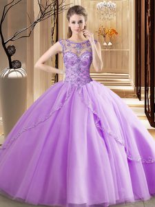 Scoop Lavender Tulle Lace Up Quinceanera Gowns Sleeveless Brush Train Beading