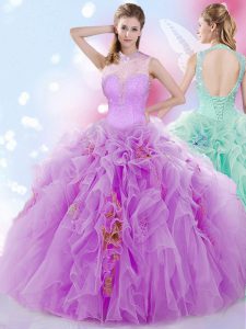 Halter Top Floor Length Lace Up Sweet 16 Dress Lilac for Military Ball and Sweet 16 and Quinceanera with Beading and Ruffles