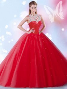 Red 15 Quinceanera Dress Military Ball and Sweet 16 and Quinceanera and For with Beading and Sequins High-neck Sleeveless Zipper
