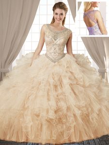 New Style Scoop Floor Length Lace Up Quinceanera Dress Champagne for Military Ball and Sweet 16 and Quinceanera with Beading and Ruffles
