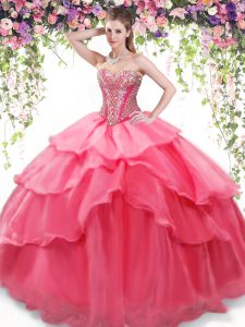 Coral Red Organza Lace Up Sweetheart Sleeveless Floor Length Quinceanera Gown Beading and Ruffled Layers
