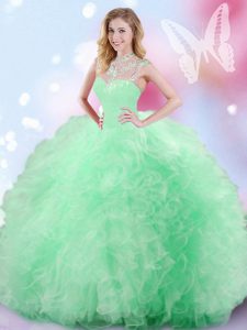 Delicate Apple Green Sleeveless Beading and Ruffles and Sequins Floor Length 15 Quinceanera Dress