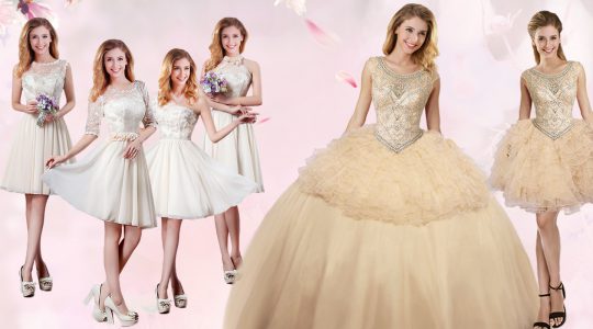 Scoop Champagne Sleeveless Organza and Tulle Lace Up 15 Quinceanera Dress for Military Ball and Sweet 16 and Quinceanera