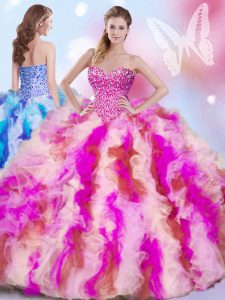 Unique Multi-color Quince Ball Gowns Military Ball and Sweet 16 and Quinceanera and For with Beading and Ruffles Sweetheart Sleeveless Lace Up