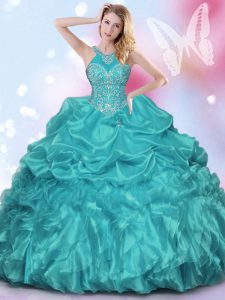 Halter Top Pick Ups Floor Length Ball Gowns Sleeveless Teal Sweet 16 Dress Lace Up