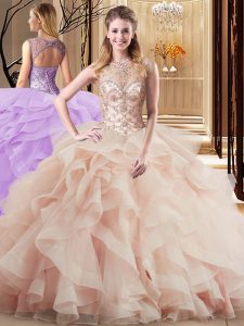 Scoop Peach Sleeveless Tulle Brush Train Lace Up Juniors Party Dress for Military Ball and Sweet 16 and Quinceanera
