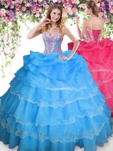Sophisticated Baby Blue Sweetheart Neckline Beading and Ruffled Layers and Pick Ups 15th Birthday Dress Sleeveless Lace Up