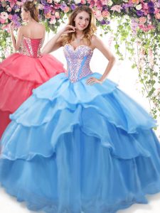 Ruffled Baby Blue Sleeveless Organza Lace Up Sweet 16 Dress for Military Ball and Sweet 16 and Quinceanera