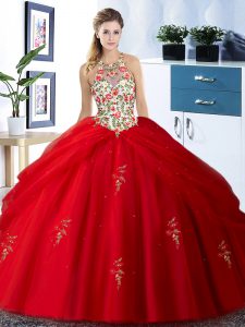 Halter Top Pick Ups Red Sleeveless Tulle Lace Up Sweet 16 Dress for Military Ball and Sweet 16 and Quinceanera