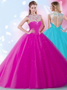 Dramatic Scoop Sleeveless Floor Length Beading and Sequins Zipper 15 Quinceanera Dress with Fuchsia