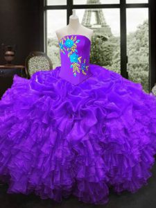 Cute Floor Length Purple Sweet 16 Quinceanera Dress Strapless Sleeveless Lace Up