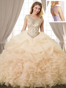 Latest Champagne Organza Lace Up Scoop Sleeveless Floor Length Quinceanera Gown Beading and Ruffles and Pick Ups