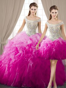 Lovely Three Piece Fuchsia Ball Gown Prom Dress Military Ball and Sweet 16 and Quinceanera and For with Beading and Ruffles Off The Shoulder Sleeveless Lace Up