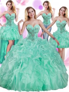 Fashion Four Piece Apple Green Organza Lace Up Sweetheart Sleeveless Floor Length Sweet 16 Dresses Beading and Ruffles