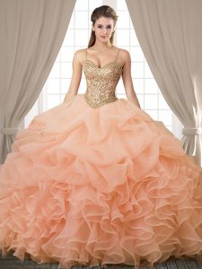Fitting Floor Length Peach Dama Dress Organza Sleeveless Beading and Ruffles and Pick Ups