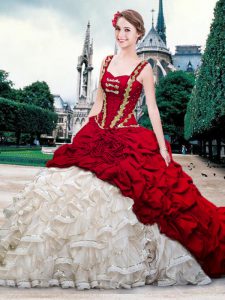 Pick Ups Brush Train Ball Gowns Sweet 16 Dresses White And Red Straps Organza and Taffeta Sleeveless With Train Lace Up