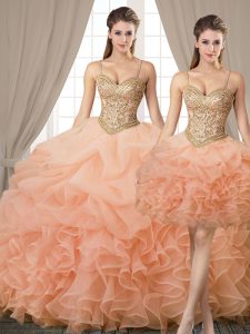 Sophisticated Three Piece Peach Ball Gowns Beading and Ruffles and Pick Ups Sweet 16 Quinceanera Dress Lace Up Organza Sleeveless Floor Length