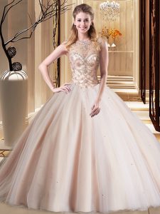 Scoop Lace Up 15th Birthday Dress Peach for Military Ball and Sweet 16 and Quinceanera with Beading Brush Train