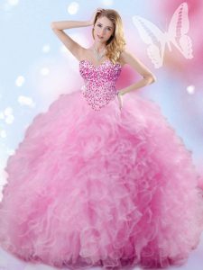 Rose Pink Lace Up Sweet 16 Quinceanera Dress Beading and Ruffles Sleeveless Floor Length