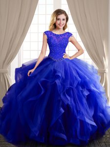 Captivating Scoop Cap Sleeves With Train Beading and Appliques and Ruffles Lace Up Vestidos de Quinceanera with Royal Blue Brush Train