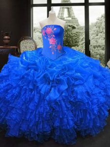 Chic Royal Blue Strapless Lace Up Embroidery and Ruffles Sweet 16 Quinceanera Dress Sleeveless
