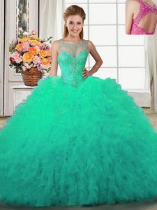 Scoop Floor Length Ball Gowns Sleeveless Turquoise Quinceanera Gowns Lace Up