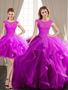 Three Piece Scoop Cap Sleeves Tulle With Brush Train Lace Up 15 Quinceanera Dress in Fuchsia with Beading and Appliques and Ruffles