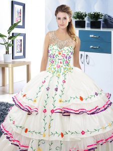 Scoop Floor Length Lace Up Sweet 16 Dress White for Military Ball and Sweet 16 and Quinceanera with Beading and Embroidery and Ruffled Layers