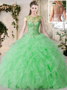 Lovely Green Ball Gowns Scoop Sleeveless Organza Floor Length Lace Up Beading and Ruffles Teens Party Dress