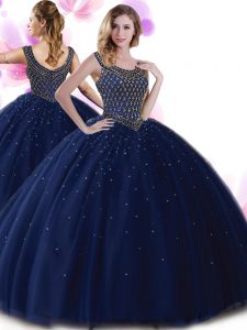 Cute Scoop Floor Length Zipper Ball Gown Prom Dress Navy Blue for Military Ball and Sweet 16 and Quinceanera with Beading