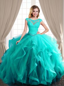 Turquoise Scoop Lace Up Beading and Appliques and Ruffles Sweet 16 Dresses Brush Train Cap Sleeves