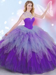 Glittering Multi-color Tulle Zipper 15th Birthday Dress Sleeveless Floor Length Beading and Ruffles
