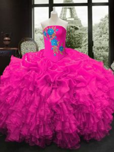Fancy Strapless Sleeveless Lace Up 15 Quinceanera Dress Fuchsia Organza