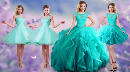 Custom Made Tulle Scoop Sleeveless Lace Up Beading and Appliques and Ruffles Sweet 16 Dress in Aqua Blue