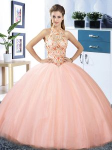 Super Halter Top Peach Sleeveless Tulle Lace Up Sweet 16 Quinceanera Dress for Military Ball and Sweet 16 and Quinceanera