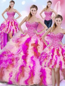 Delicate Four Piece Multi-color Tulle Lace Up 15th Birthday Dress Sleeveless Floor Length Beading and Ruffles